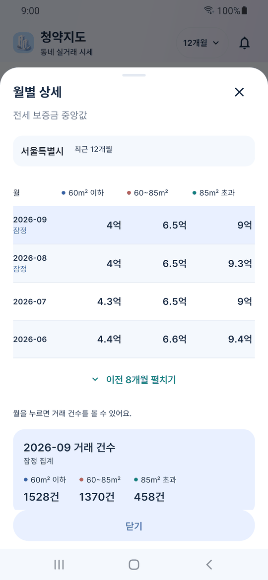 시세의 월별 상세 표 — 달마다 중앙값과 거래 건수가 면적구간별로 나열된 표 시트