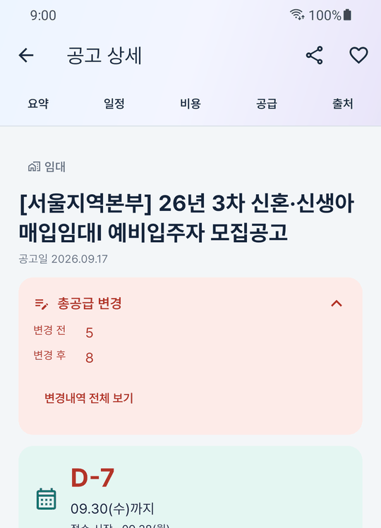 임대 공고 상세 — 「총공급 변경」 상자에 변경 전 5, 변경 후 8 이 붉은 글씨로 표시되고, 아래에 마감까지 D-7 과 접수 시작·마감 날짜가 있다